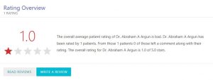 “Overall average patient rating is Dr. Abraham A. Argun is bad.
