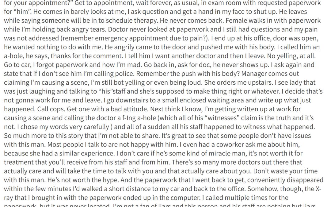 Another Scathing Review for Orthopedic Surgeon John Gonzalez of Riverside